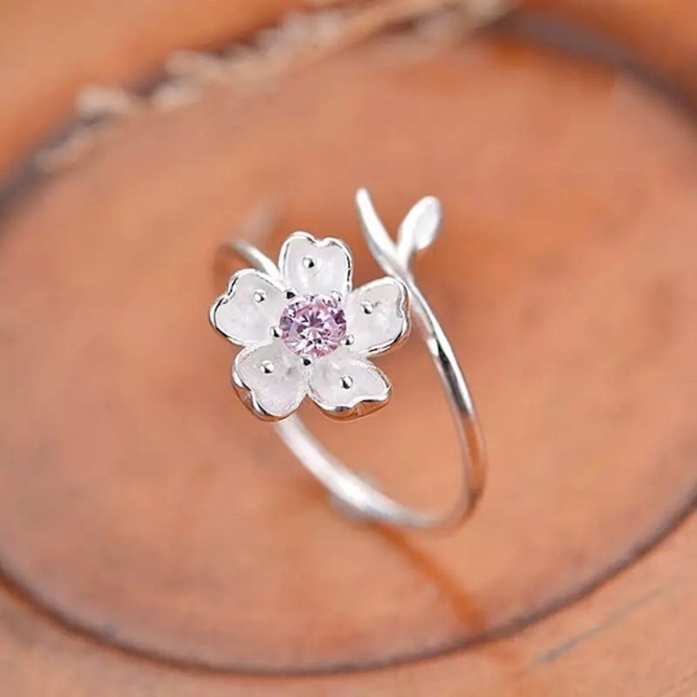 Japanese Cherry Blossom Flower Silver Diamond Ring - Picture 6 of 6